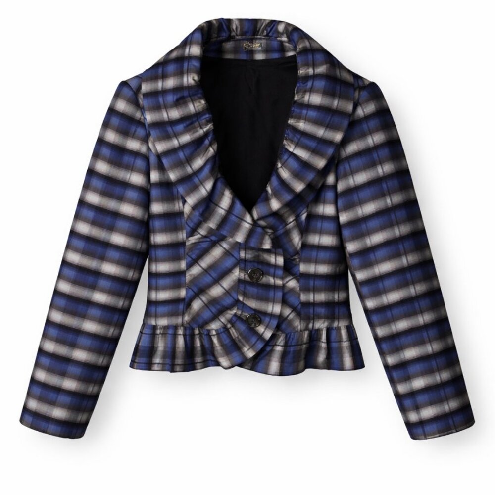 Cartise Purple Black Plaid Ruffled Collared Button Up Lined Blazer US Sz 8